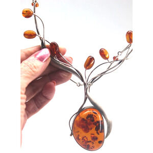 Elegant Genuine Amber 925 Silver Art Nouveau Bib Necklace Twisted Vine Leaf